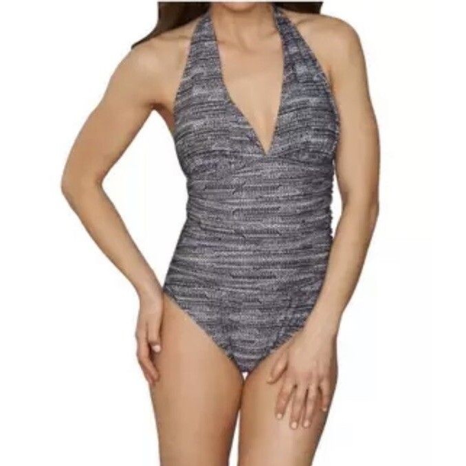 La Blanca Womens One Piece Swimsuit Sz 10 Black & White Halter Neck Smocked